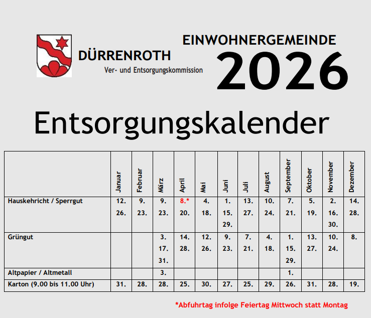 Entsorgungskalender 2026 - Übersicht Daten